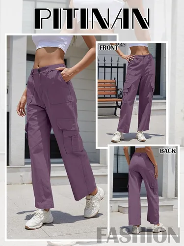 Vista 6 de PITINAN Pantalones cargo para mujer, de cintura alta, holgados, casuales, con bolsillos, rectos, pierna ancha, pantalones militares de combate Y2K