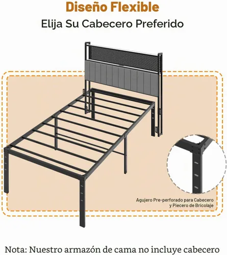 Vista 6 de Bonnlo Base de cama individual con plataforma de metal de 14 pulgadas, base de colchón, soporte de listones de acero resistente, no necesita somier