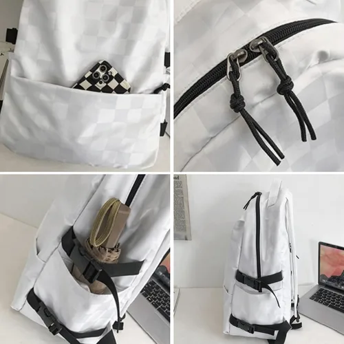 Vista 5 de Verdancy Mochila Kawaii para adolescentes, niñas, niños, escuela, universidad, viajes, estética, a cuadros, mochila escolar, bolsa casual, Negro