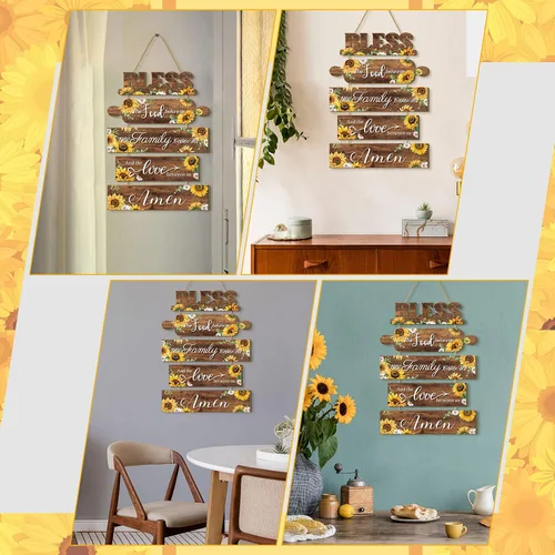 Vista 6 de Sintuff Girasol Decoración de Pared de Cocina Letrero de Madera de Granja "Bendiga los Alimentos que Están Delante Nuestro" Arte de Pared Rústico