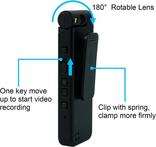 Vista 3 de Cámara de cuerpo pequeño 1440P HD Body Video Cam Pantalla de 1.3 "Tarjeta TF 64GB TF Clip de lente giratorio en el sombrero de bolsillo Casquillo