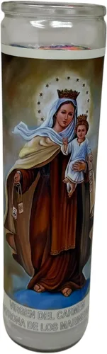 Vista 6 de Virgen del Carmen veladora de rezo sin fragancia 14 oz Vaso Grande UNA pieza Vela de oración de una pieza 14 oz de vidrio alto oración al reverso