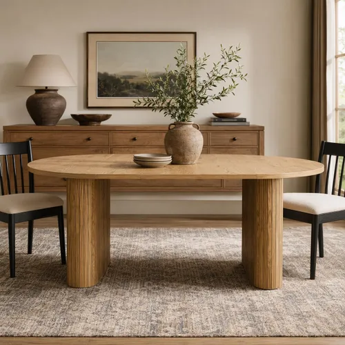 Vista 11 de Mesa de comedor ovalada extensible, mesa de cocina moderna de madera con parte superior de MDF y patas de pedestal dobles, mesa de 59.06 a 90.55