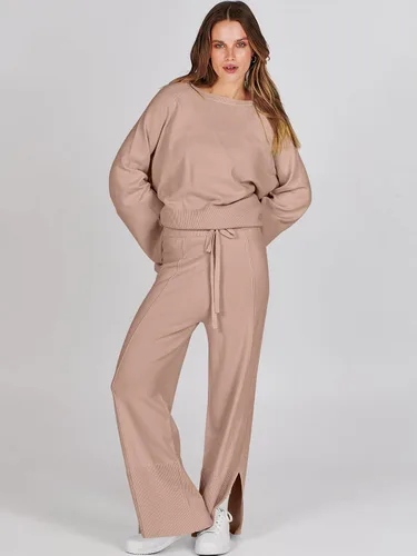 Vista 4 de ANRABESS Conjunto de 2 piezas para mujer, sudadera de punto de gran tamaño y pantalones de pierna ancha con cordón