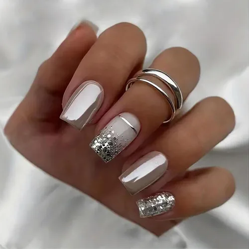 Vista 17 de 24 uñas postizas cuadradas de color negro brillante, de cobertura completa, con diseños de notas musicales, uñas postizas acrílicas con pegamento