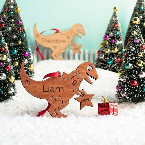 Vista 3 de Dinosaur Ornament Personalized Tyrannosaurus Rex Baby's First Christmas 2025 Wood Handmade