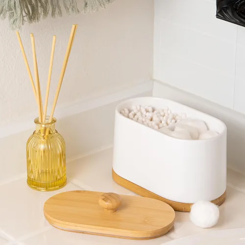 Vista 2 de DAILY RITMO Dispensador grande de hisopos de algodón blanco y soporte para bolas, contenedor de doble compartimento de dos caras con tapa de bambú