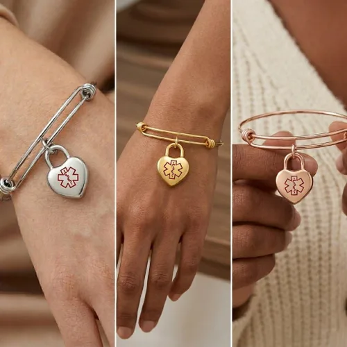 Vista 5 de LinnaLove Personalized Medical ID Bracelet for Women, Expandable Wire Bangle in Rose Gold, Custom Engraved Medical Alert Heart Charm