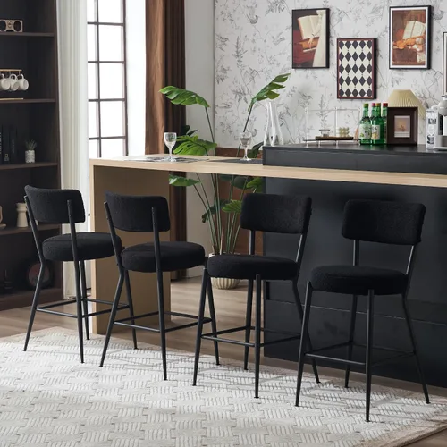 Vista 8 de Juego de 2 taburetes de bar tapizados de tela de peluche con respaldo, sillas de bar de comedor tapizadas modernas con patas de metal y reposapiés