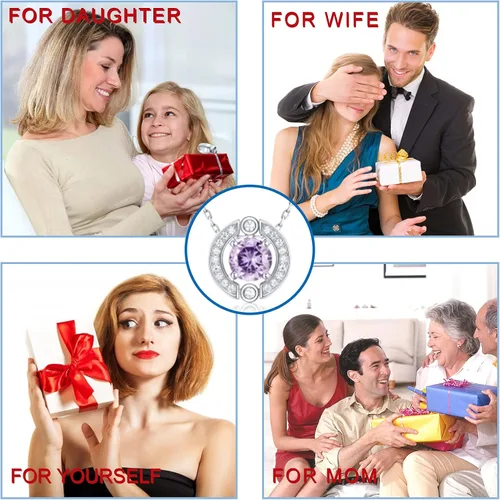 Vista 6 de Collar con halo de piedra natal para mujer, plata de ley, chapado en platino, piedras preciosas brillantes, corte redondo, colgante solitario