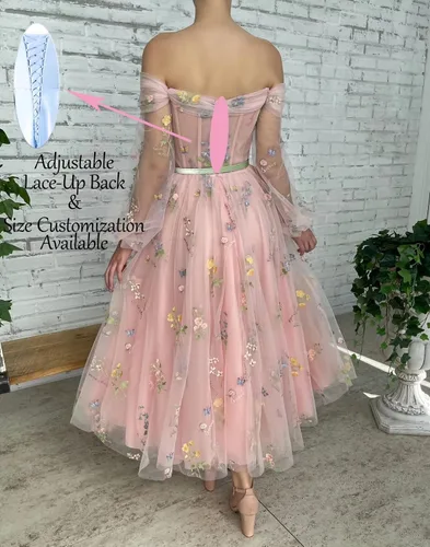 Vista 2 de Fivsole Vestido de fiesta con hombros descubiertos y mangas abullonadas para mujer, con bordado de flores, tul corto, vestidos formales de fiesta