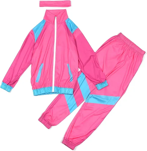 Vista 6 de IMEKIS Disfraz de entrenamiento de los años 80 para niñas, niños, chaqueta de Halloween con pantalones, diadema de los años 80, conjunto de ropa