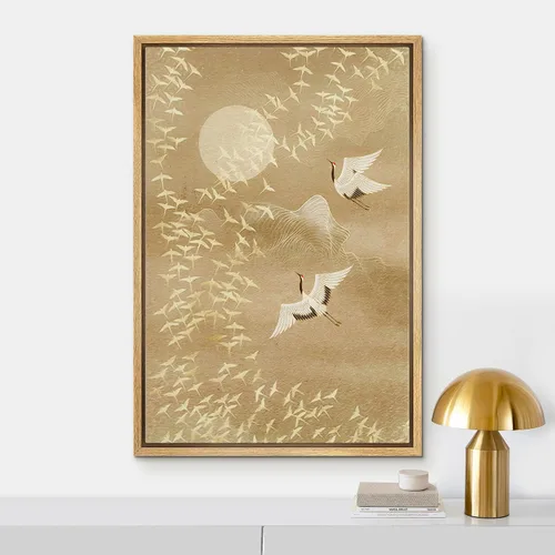 Vista 2 de NWT Impresión en lienzo enmarcado para pared, acuarela, grullas, pájaros volando, naturaleza salvaje, ilustraciones de arte moderno decorativo