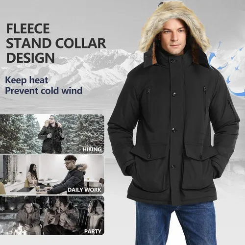 Vista 5 de JYG - Chaqueta de invierno gruesa para hombre, parka acolchada con capucha extraíble de piel sintética Negro
