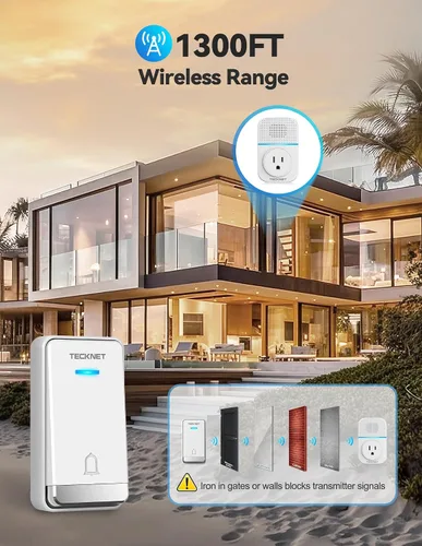 Vista 6 de TECKNET Timbre inalámbrico, timbre autoalimentado, timbre inalámbrico enchufable de 0 a 110 db para hogar, aula, IP66, impermeable, 1300 pies