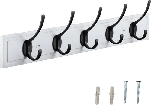 Vista 9 de HOME MASTER HARDWARE Perchero de pared negro, ganchos de pared de MDF para colgar abrigos, estante decorativo para sombreros de 27" para pared con 5