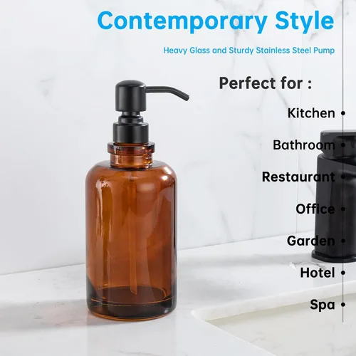 Vista 4 de Amber Glass Soap Dispenser,17oz, Black Pump Refillable, 304 Stainless Steel Pump, Liquid Hand Soap Dispenser, Bathroom Kitchen Sink Vanity
