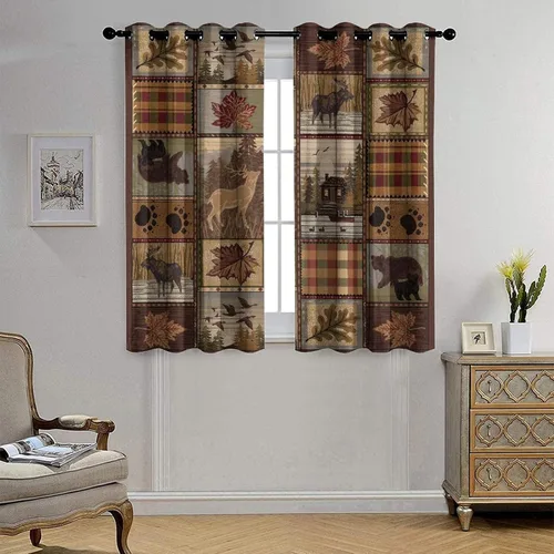 Vista 4 de Cortinas de oscurecimiento estilo campestre con osos, alces y ciervos, cortinas opacas para ventanas con ojales, tratamiento de ventanas eficiente