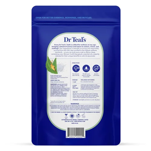 Vista 2 de Dr Teal's Remojo puro de sal de magnesio de Epsom, aceite de semilla de cáñamo de cannabis sativa, 3 libras