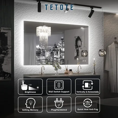Vista 7 de TETOTE - Espejo retroiluminado para baño con luz, botón táctil regulable y función antivaho (horizontal o vertical)