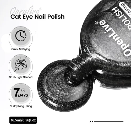 Vista 7 de OpenLive - Esmalte de uñas de ojo de gato negro, 16.5 ml de esmalte de uñas de purpurina reflectante de secado rápido con barra magnética