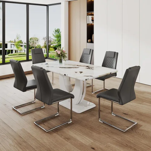 Vista 9 de JUFU Mesa de comedor de mármol sintético blanco para 6, con 6 sillas de comedor tapizadas de cuero PU