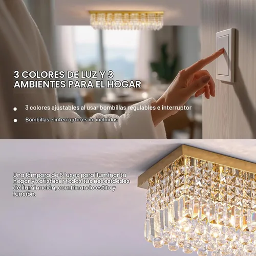Vista 3 de Candelabros Modernos de Cristal para Lámpara de Comedor, Candelabro de Techo Rectangular Dorado de 6 Luces para Isla de Cocina y Sala de Estar