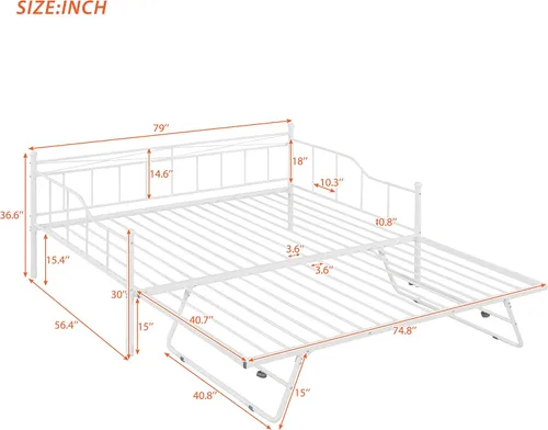 Vista 2 de Sofá cama de metal de tamaño matrimonial con nido ajustable de tamaño individual, nido plegable portátil, soporte de listones de metal, cama Blanco