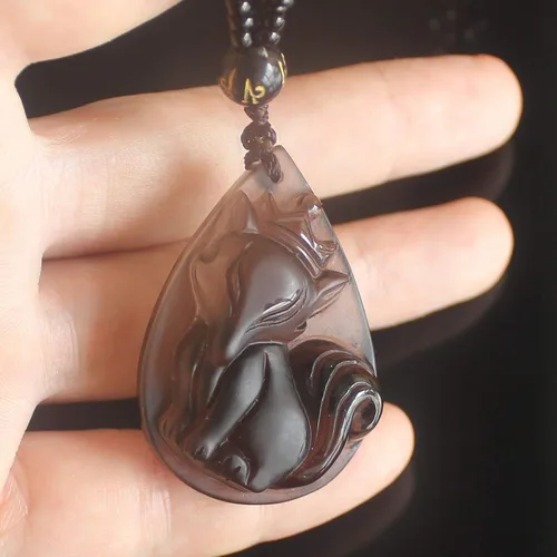 Vista 5 de Collar con dije de amuleto de cristal de obsidiana con cadena de cuentas para wen o mujeres Piedra Obsidiana