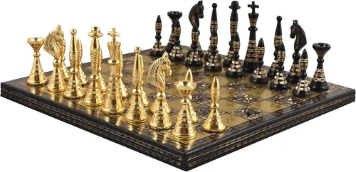 Vista 2 de Juego de piezas de ajedrez y tablero de lujo Warli de metal de latón macizo, 12 pulgadas, negro y dorado