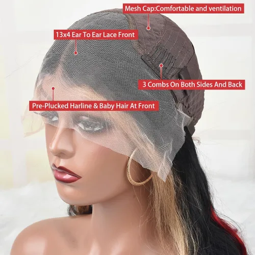 Vista 6 de abgese Peluca de cabello humano ondulado con reflejos rojos, pelucas de cabello humano ondulado con encaje frontal, densidad del 180 %, encaje