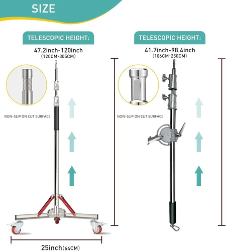 Vista 2 de Soporte en C de acero inoxidable resistente con ruedas y brazo de pluma, soporte de luz para fotografía, brazo de pluma que se extiende de 3.47 a