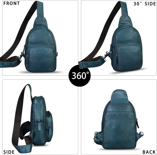 Vista 2 de Bolso de cuero genuino para mujeres y hombres, hecho a mano, de cuero, bolso cruzado, Azul, Mochilas Sling