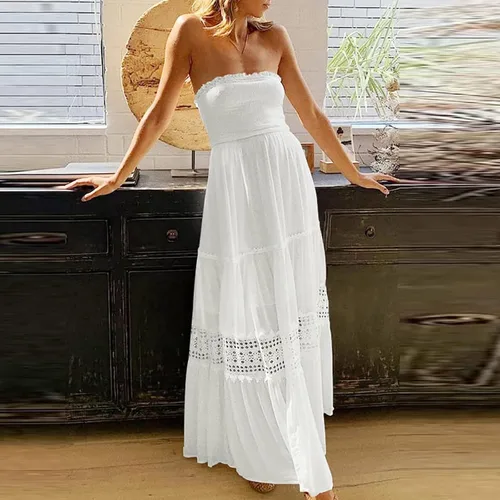 Vista 4 de NaRHbrg Vestidos de verano para mujer 2024, vestido sin tirantes, bohemio, fluido, vestido largo con parte superior de tubo, hombros descubiertos