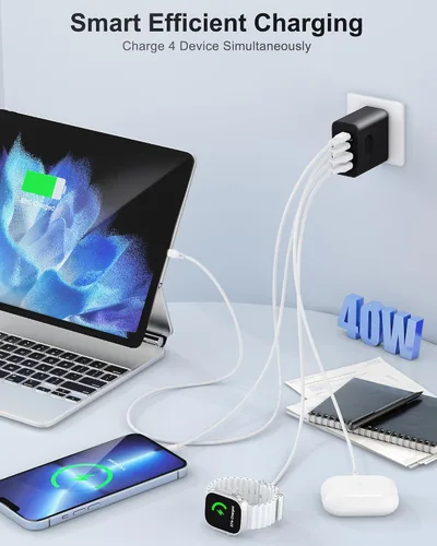 Vista 3 de [Paquete de 2] Bloque de cargador USB C, cargador de pared USBC de 40 W, 4 puertos, carga rápida, adaptador de corriente USB-C dual + enchufe