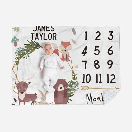 Vista 14 de Manta de hito mensual personalizada para bebé, nombre personalizado con fondo de fotografía de diseño de ganado de las tierras altas, manta de felpa