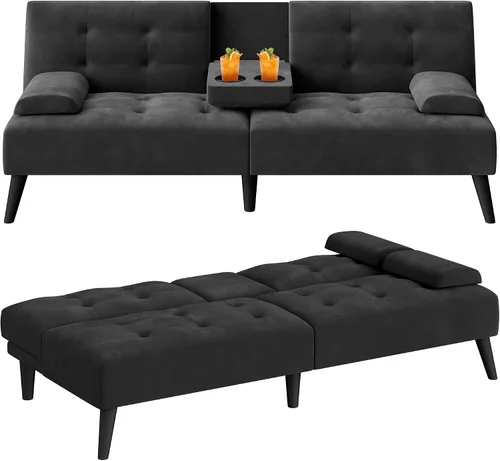 Vista 7 de Sofá cama futón de 64 pulgadas, sofá biplaza pequeño, portavasos