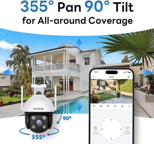 Vista 3 de Tenda Cámara de seguridad Wi-Fi 2K QHD para exteriores, enchufe de 4MP, cobertura completa de 360°, visión nocturna a color, detección de movimiento