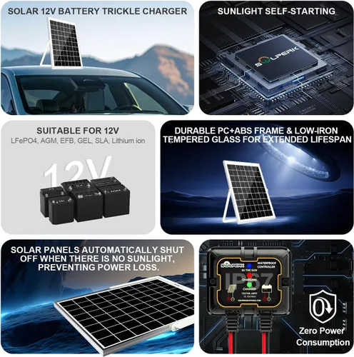 Vista 2 de SOLPERK Kit de panel solar de 10 W 12 V, cargador de batería solar impermeable + controlador MPPT inteligente + soporte de montaje ajustable