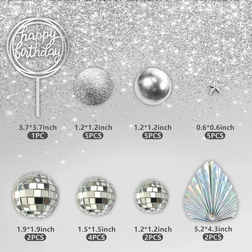 Vista 2 de Decoración para tartas de bola de discoteca, bola de espejo, estrellas