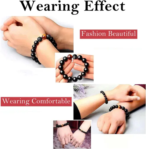 Vista 5 de Pulsera de obsidiana negra, pulsera de obsidiana negra Feng Shui para mujeres, hombres y parejas, hecha a mano con piedra tallada de ojo de tigre