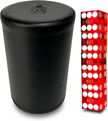 Vista 8 de Luck Lab Taza apilable de cuero negro con 5 dados de casino serializados con borde de maquinilla de afeitar de 0.748 in, taza recta profesional