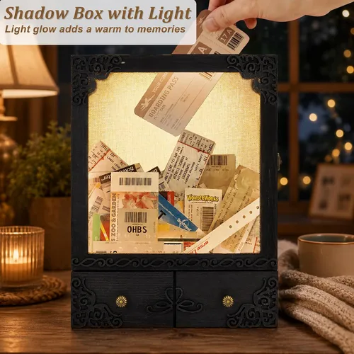 Vista 2 de Marco de caja de sombra de 11 x 16 con luz, vitrina conmemorativa con estantes, cajón y ranura para recuerdos, caja grande de sombra profunda