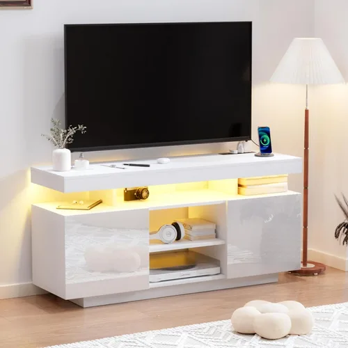 Vista 14 de HOMMPA Soporte de TV LED moderno para televisores de 55/50/43/40/32 pulgadas con tomas de corriente, centro de entretenimiento