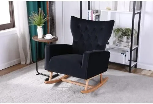 Vista 4 de Mecedora tapizada de terciopelo, asiento acolchado con respaldo alto, silla auxiliar cómoda para sala de estar, dormitorio, oficinas (negro)