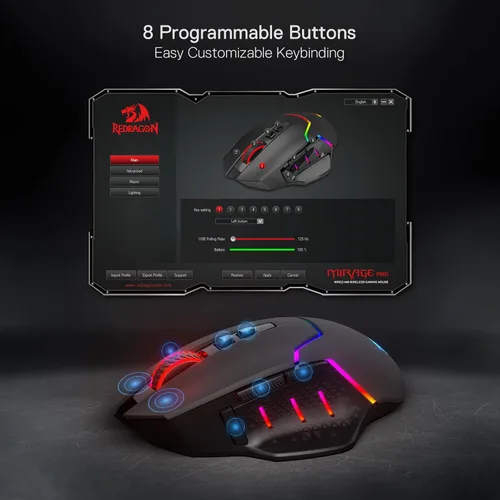 Vista 8 de Redragon M690 PRO - Mouse inalámbrico para juegos 8000 DPI con cable y llave de disparo rápido 8 botones macro diseño ergonómico para PC Maclaptop