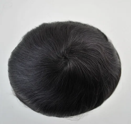 Vista 6 de Toupee negro para hombres sistema de cabello humano 1B PU piel postizos inyección (9 * 7 pulgadas)