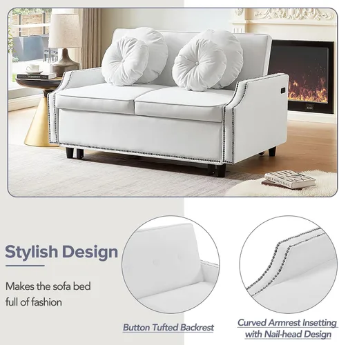 Vista 8 de Elegante sofá cama convertible de 54.7 pulgadas, sofá modular con cama extraíble con dos puertos USB y 4 almohadas, sofá biplaza para espacio