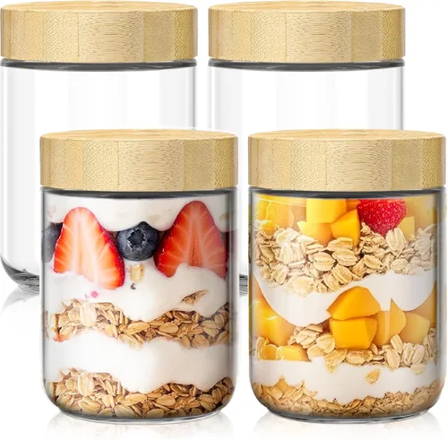Vista 12 de Paquete de 2 recipientes para avena nocturna de 10 onzas con tapas de bambú, frascos de vidrio con tapas herméticas para preparación de comidas