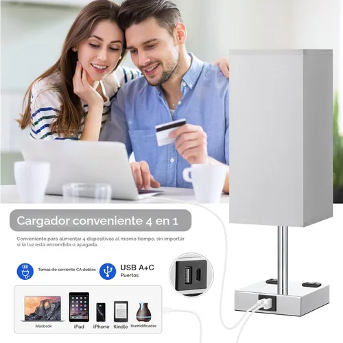 Vista 3 de Lámpara de mesa de noche táctil, con pantalla, puertos de carga USB C+A y salidas de CA duales, para dormitorio, sala de estar, oficina